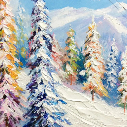 SNOWY SLOPES: Panoramic Ski Resort Landscape Painting | black frame version on white wall