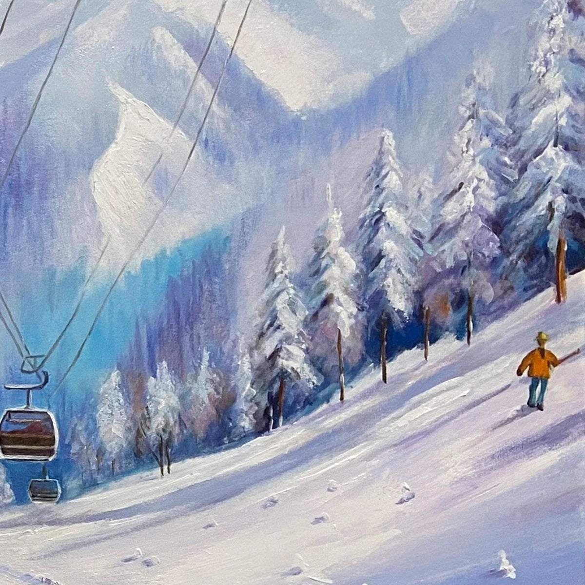 SNOWY SLOPES: Panoramic Ski Resort Landscape Painting | Landscape mood, soft natural light studio shot