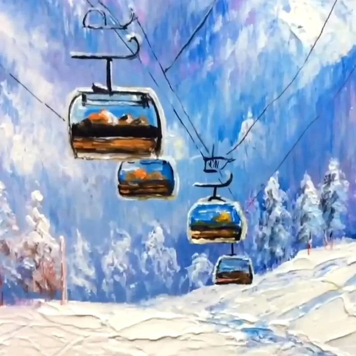 SNOWY SLOPES: Panoramic Ski Resort Landscape Painting | multi-color palette, original oil on stretched canvas art