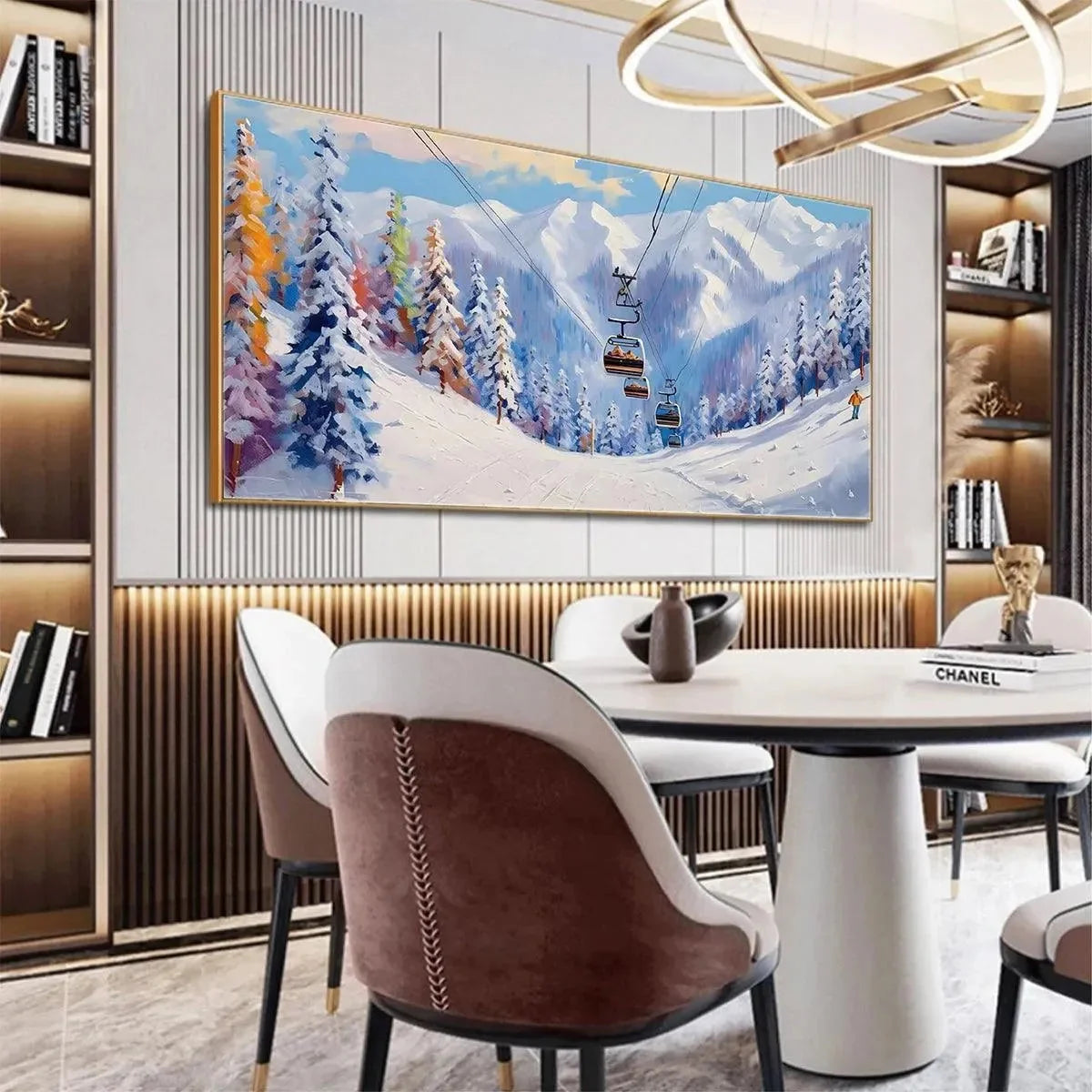 SNOWY SLOPES: Panoramic Ski Resort Landscape Painting | texture detail, palette knife marks visible