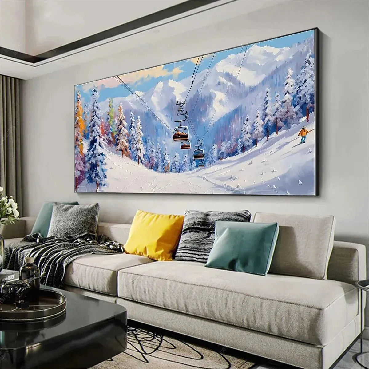 SNOWY SLOPES: Panoramic Ski Resort Landscape Painting | texture detail, palette knife marks visible