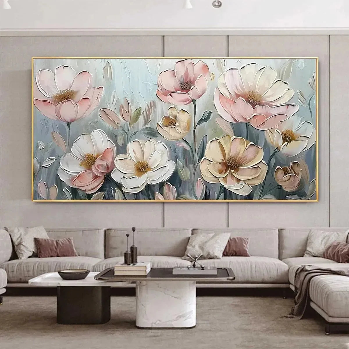 SOFT BLOSSOMS: Textured Impasto Floral Painting in Soft Pink and White | Abstract closeup, raised brushwork detail