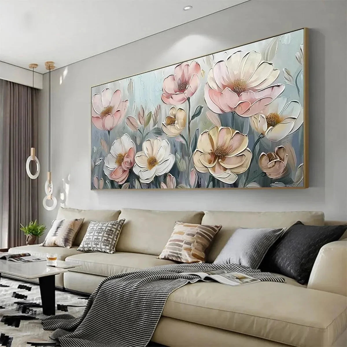 SOFT BLOSSOMS: Textured Impasto Floral Painting in Soft Pink and White | gold frame stretched on neutral wall