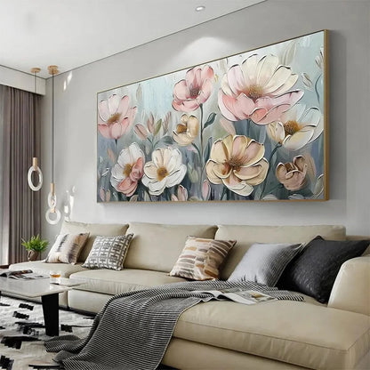 SOFT BLOSSOMS: Textured Impasto Floral Painting in Soft Pink and White | gold frame stretched on neutral wall
