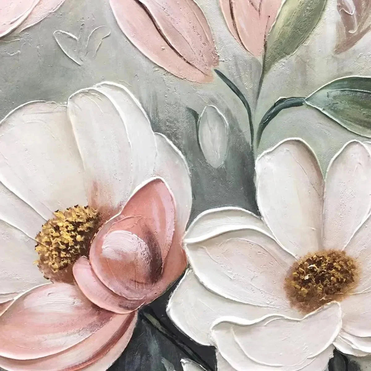 SOFT BLOSSOMS: Textured Impasto Floral Painting in Soft Pink and White | rolled canvas, ready for custom framing