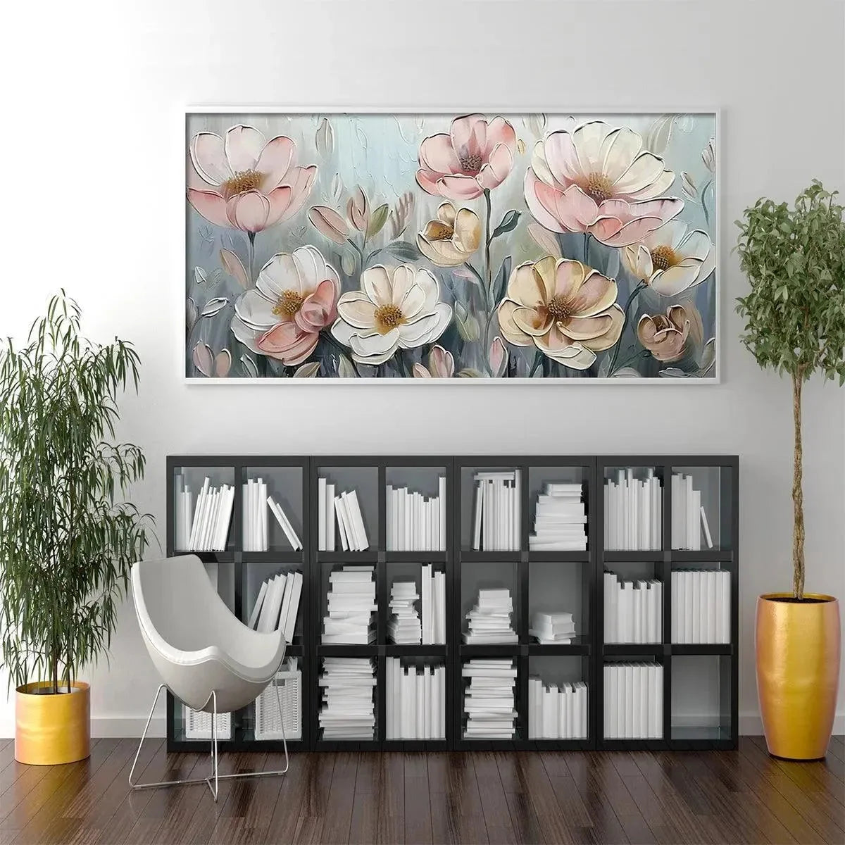 SOFT BLOSSOMS: Textured Impasto Floral Painting in Soft Pink and White | black frame version on white wall
