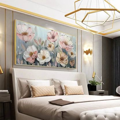 SOFT BLOSSOMS: Textured Impasto Floral Painting in Soft Pink and White | Abstract mood, soft natural light studio shot