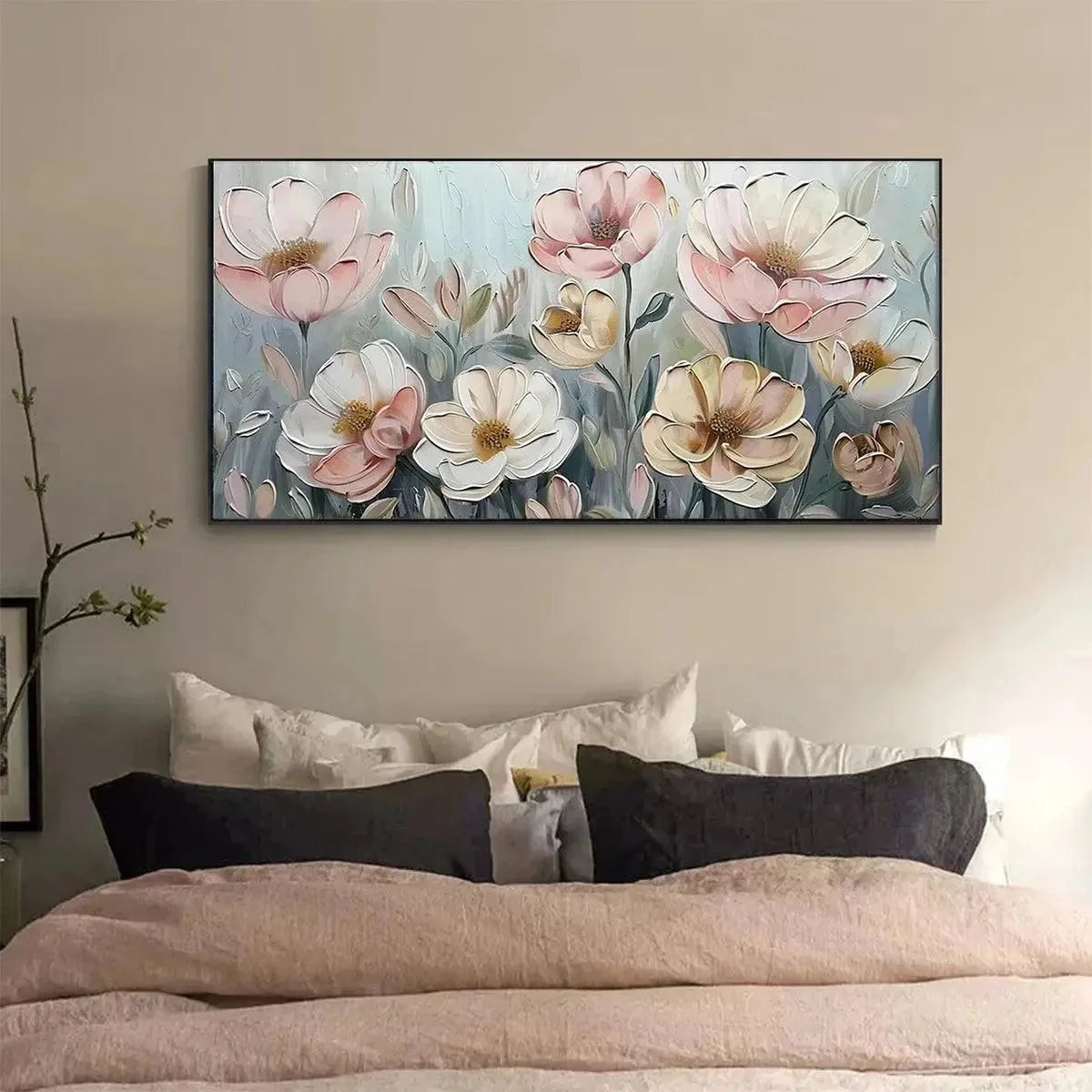 SOFT BLOSSOMS: Textured Impasto Floral Painting in Soft Pink and White | multi-color palette, original oil on stretched canvas art