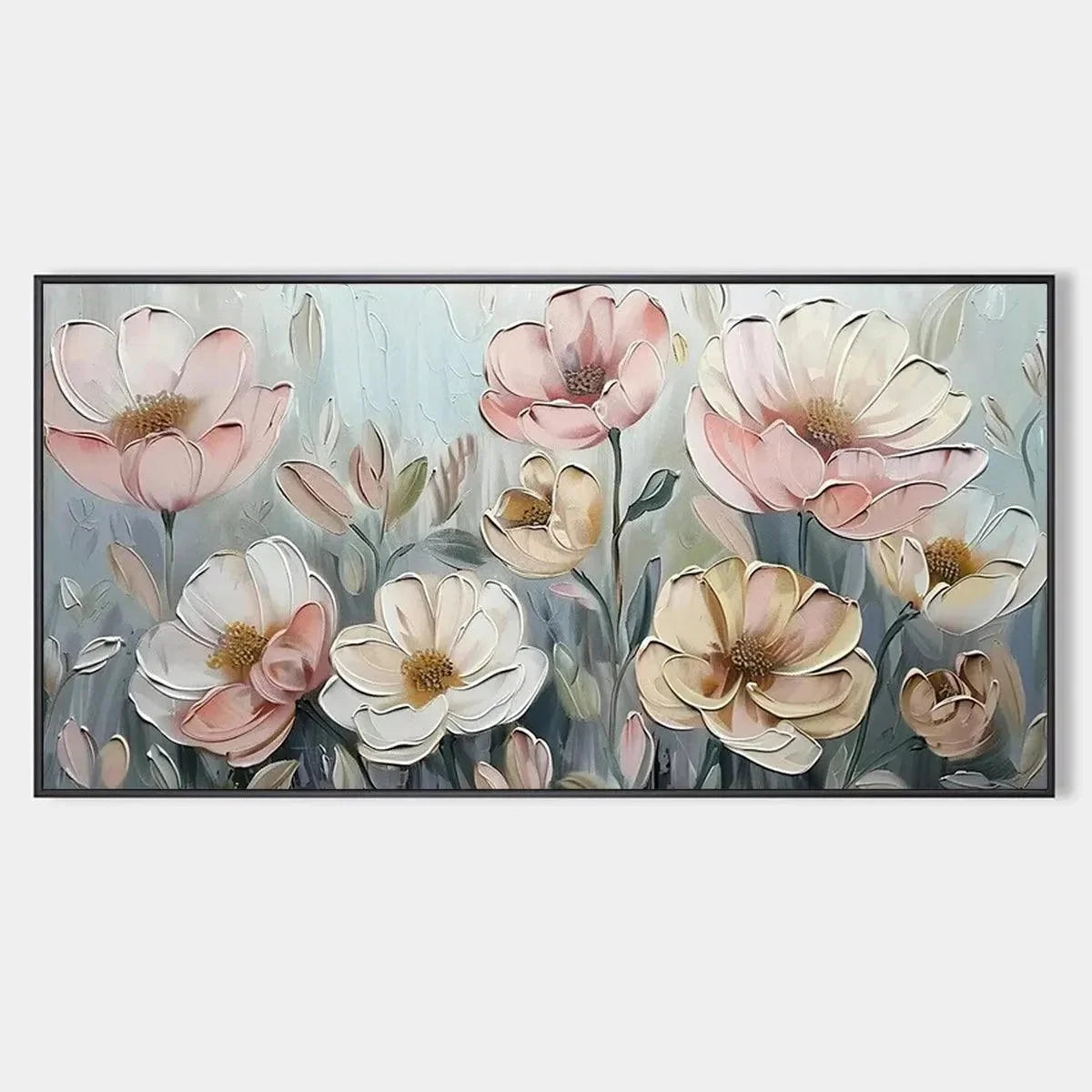 SOFT BLOSSOMS: Textured Impasto Floral Painting in Soft Pink and White | hanging in living room, Abstract wall art