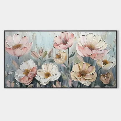 SOFT BLOSSOMS: Textured Impasto Floral Painting in Soft Pink and White | hanging in living room, Abstract wall art