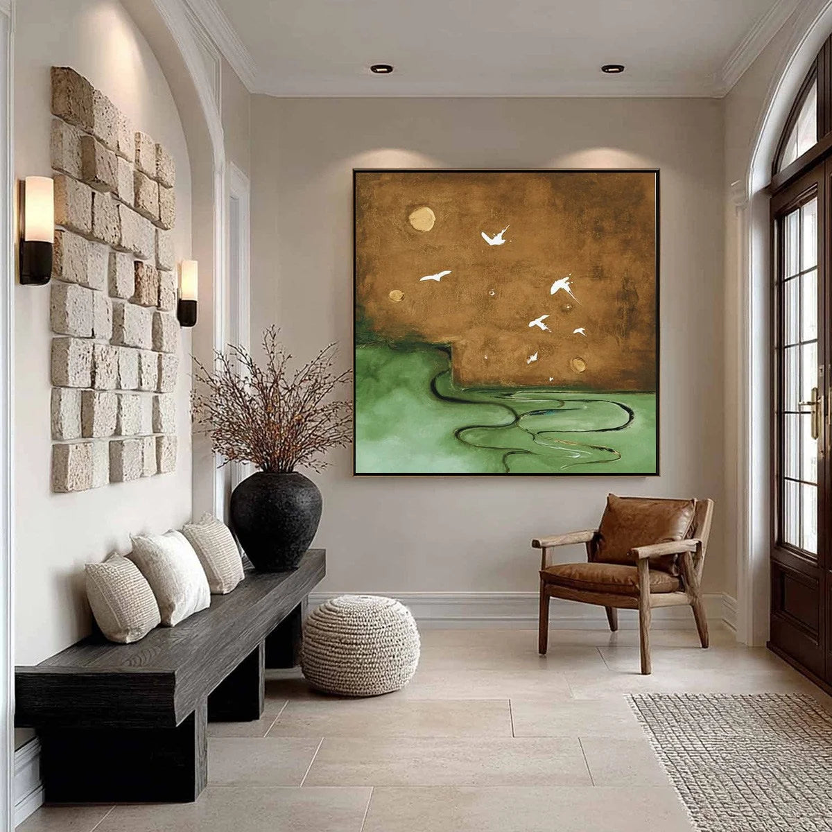 SOJOURN: Earthy Wabi Sabi Abstract Landscape Painting | gold frame stretched on neutral wall