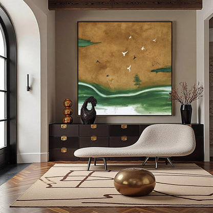 SOJOURN: Minimalist Wabi-Sabi Landscape with Birds | Landscape closeup, raised brushwork detail