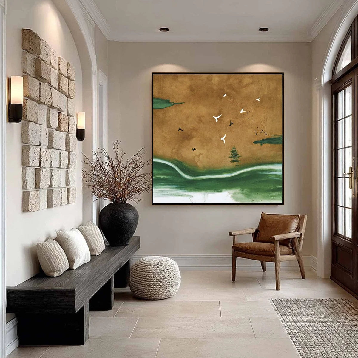 SOJOURN: Minimalist Wabi-Sabi Landscape with Birds | gold frame stretched on neutral wall