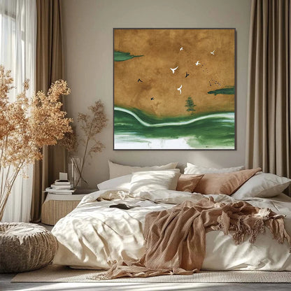 SOJOURN: Minimalist Wabi-Sabi Landscape with Birds | black frame version on white wall