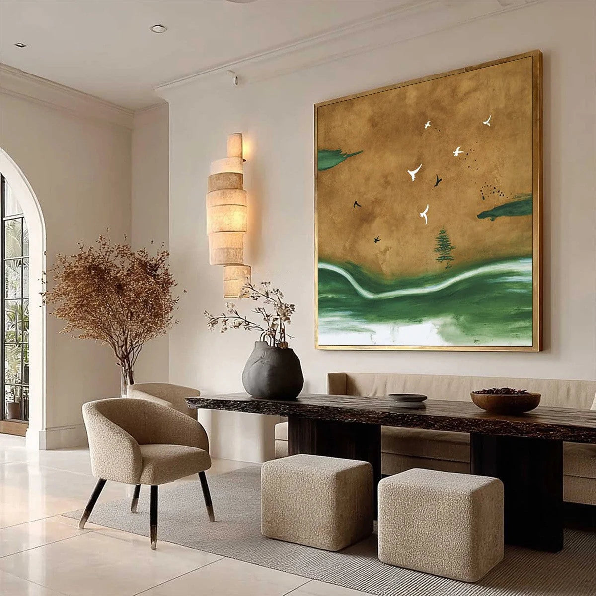 SOJOURN: Minimalist Wabi-Sabi Landscape with Birds | multi-color palette, original oil on stretched canvas art