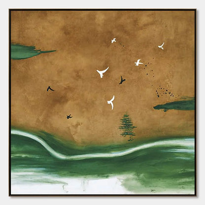 SOJOURN: Minimalist Wabi-Sabi Landscape with Birds | hanging in living room, Landscape wall art
