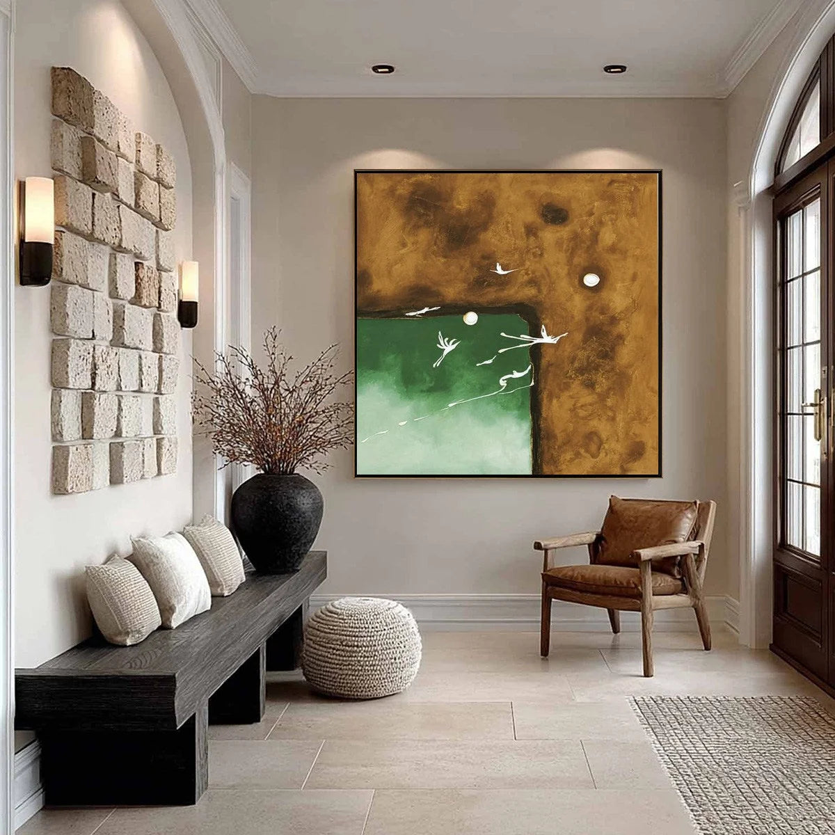 SOJOURN: Wabi Sabi Impasto Painting of an Avian Journey | gold frame stretched on neutral wall