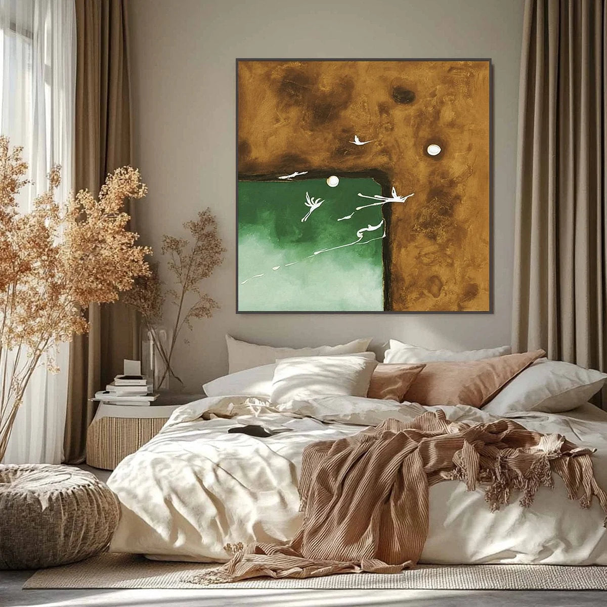SOJOURN: Wabi Sabi Impasto Painting of an Avian Journey | black frame version on white wall