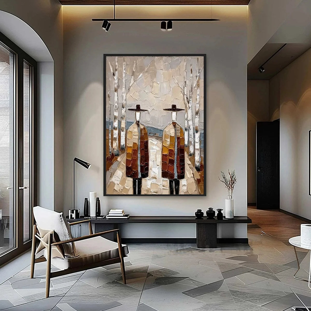 THE SOJOURNERS: Textured Palette Knife Painting of Figures in a Landscape | gold frame stretched on neutral wall