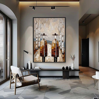 THE SOJOURNERS: Textured Palette Knife Painting of Figures in a Landscape | gold frame stretched on neutral wall