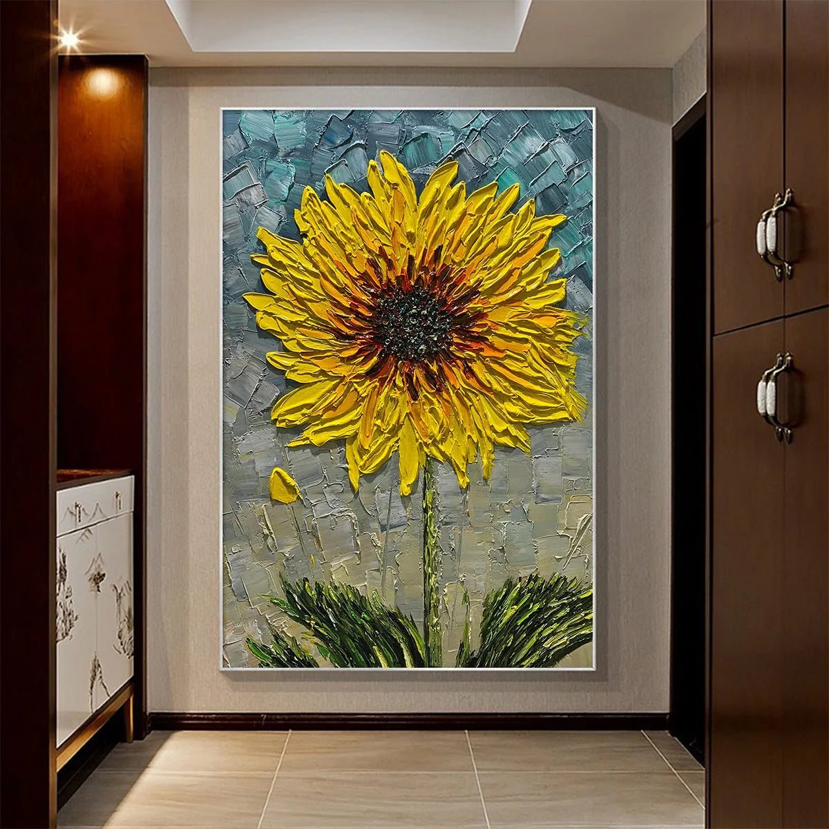 SOLAR BLOOM: Textured Impasto Sunflower Oil Painting in Yellow and Grey | Abstract closeup, raised brushwork detail