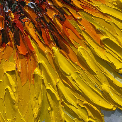 SOLAR BLOOM: Textured Impasto Sunflower Oil Painting in Yellow and Grey | rectangular format, hand-painted canvas edge
