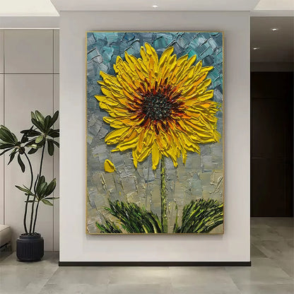 SOLAR BLOOM: Textured Impasto Sunflower Oil Painting in Yellow and Grey | gold frame stretched on neutral wall