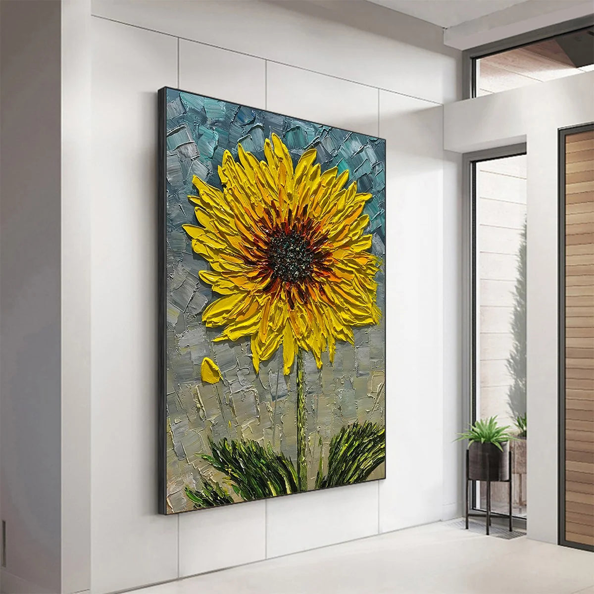 SOLAR BLOOM: Textured Impasto Sunflower Oil Painting in Yellow and Grey | rolled canvas, ready for custom framing