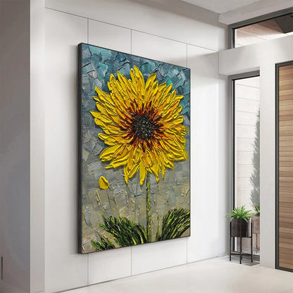 SOLAR BLOOM: Textured Impasto Sunflower Oil Painting in Yellow and Grey | rolled canvas, ready for custom framing