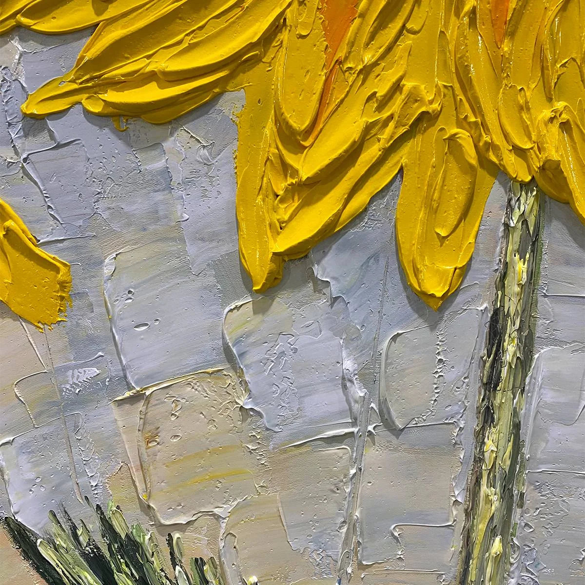 SOLAR BLOOM: Textured Impasto Sunflower Oil Painting in Yellow and Grey | black frame version on white wall