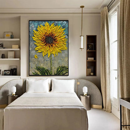 SOLAR BLOOM: Textured Impasto Sunflower Oil Painting in Yellow and Grey | Abstract mood, soft natural light studio shot