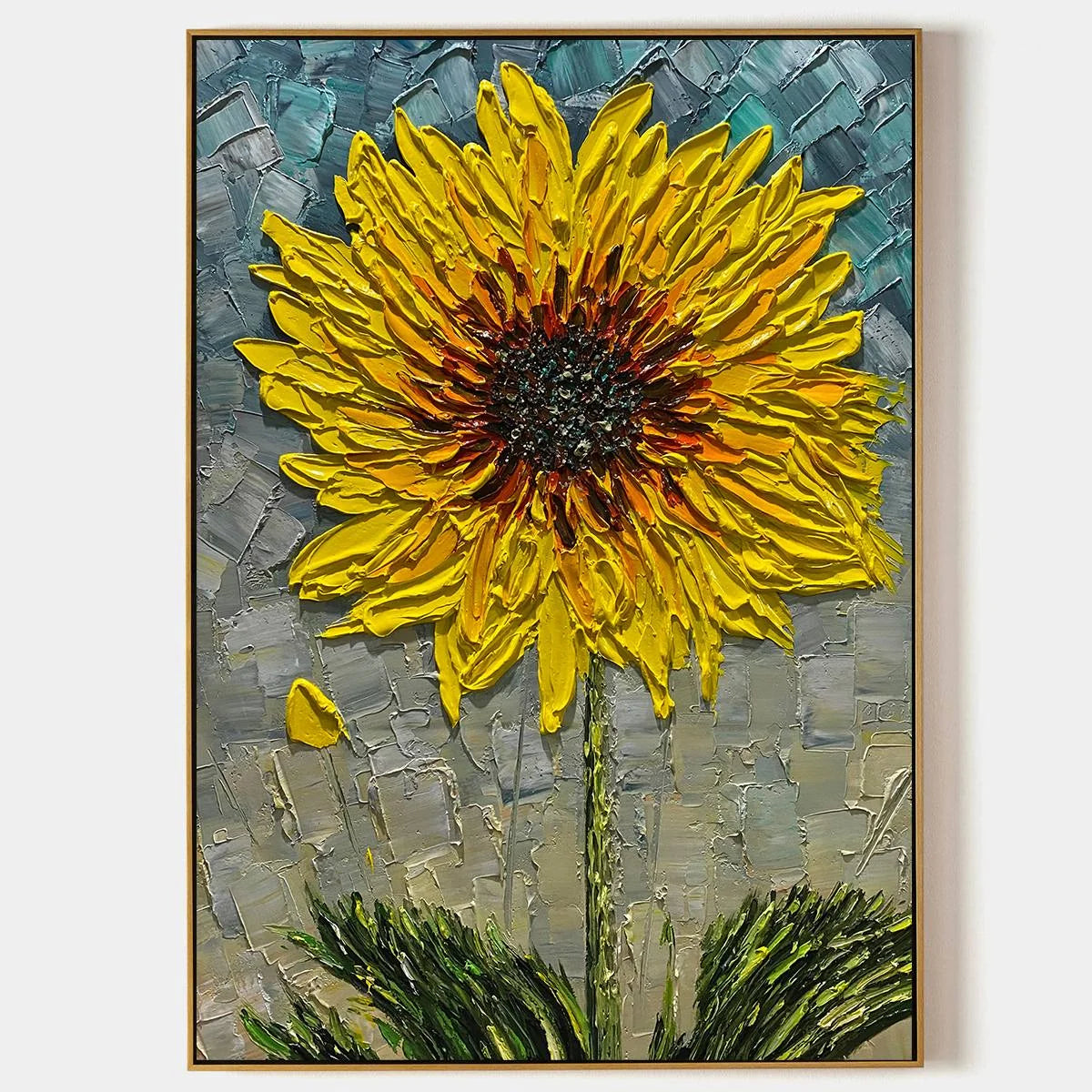 SOLAR BLOOM: Textured Impasto Sunflower Oil Painting in Yellow and Grey | hanging in living room, Abstract wall art