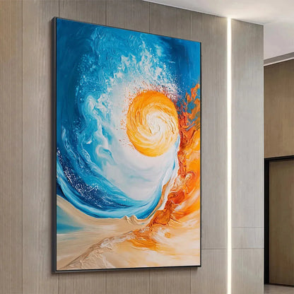 SOLAR FLARE: Abstract Ocean Sunrise Impasto Oil Painting | gold frame stretched on neutral wall