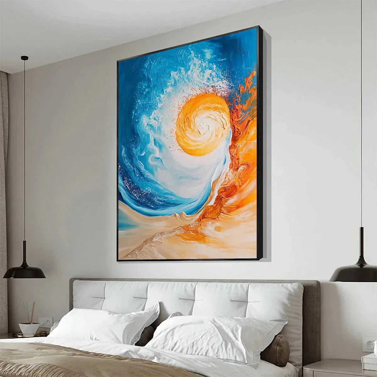 SOLAR FLARE: Abstract Ocean Sunrise Impasto Oil Painting | black frame version on white wall