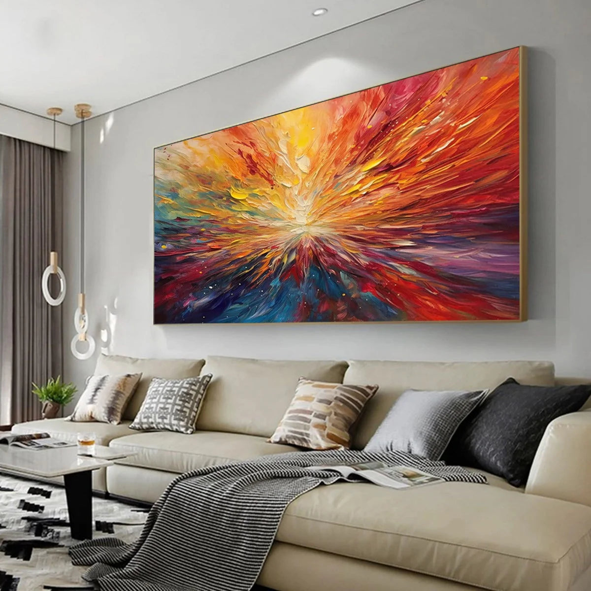 SOLAR FLARE: Textured Impasto Abstract Oil Painting | gold frame stretched on neutral wall