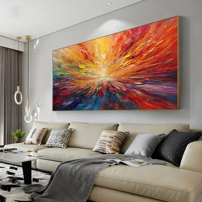 SOLAR FLARE: Textured Impasto Abstract Oil Painting | gold frame stretched on neutral wall