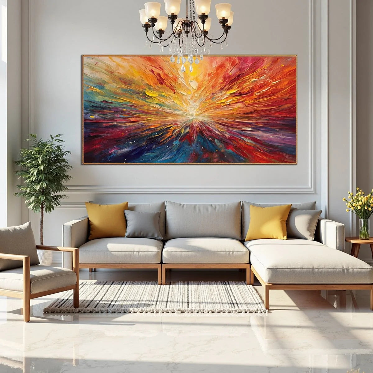 SOLAR FLARE: Textured Impasto Abstract Oil Painting | black frame version on white wall