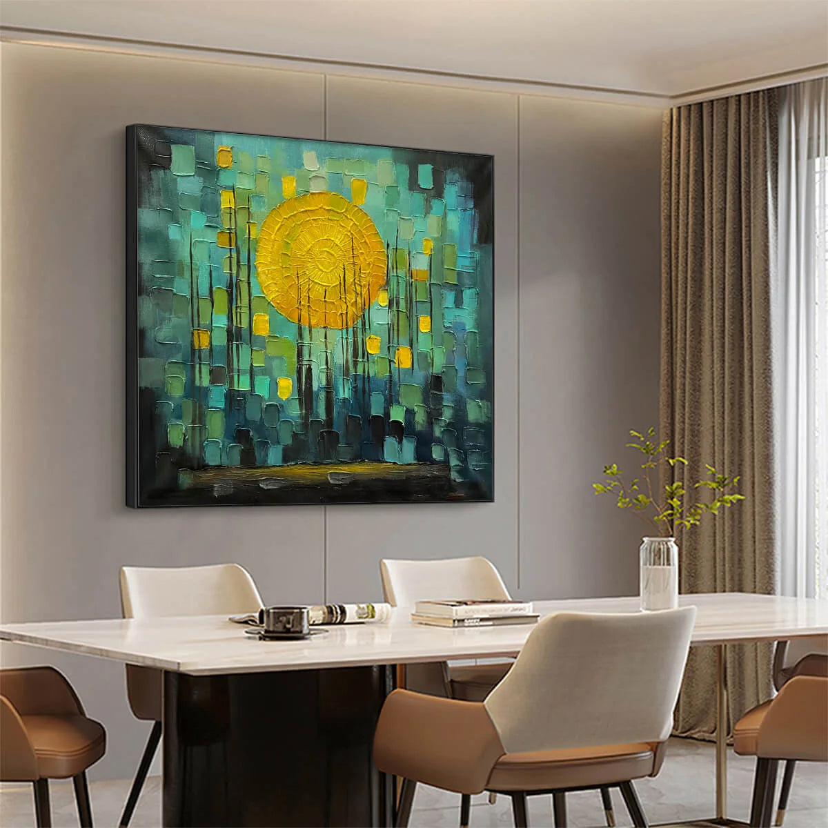 SOLAR FOREST: Abstract Forest Landscape Impasto Oil Painting | gold frame stretched on neutral wall