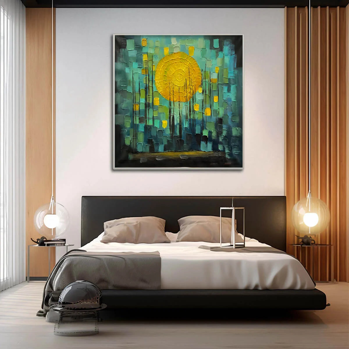 SOLAR FOREST: Abstract Forest Landscape Impasto Oil Painting | black frame version on white wall