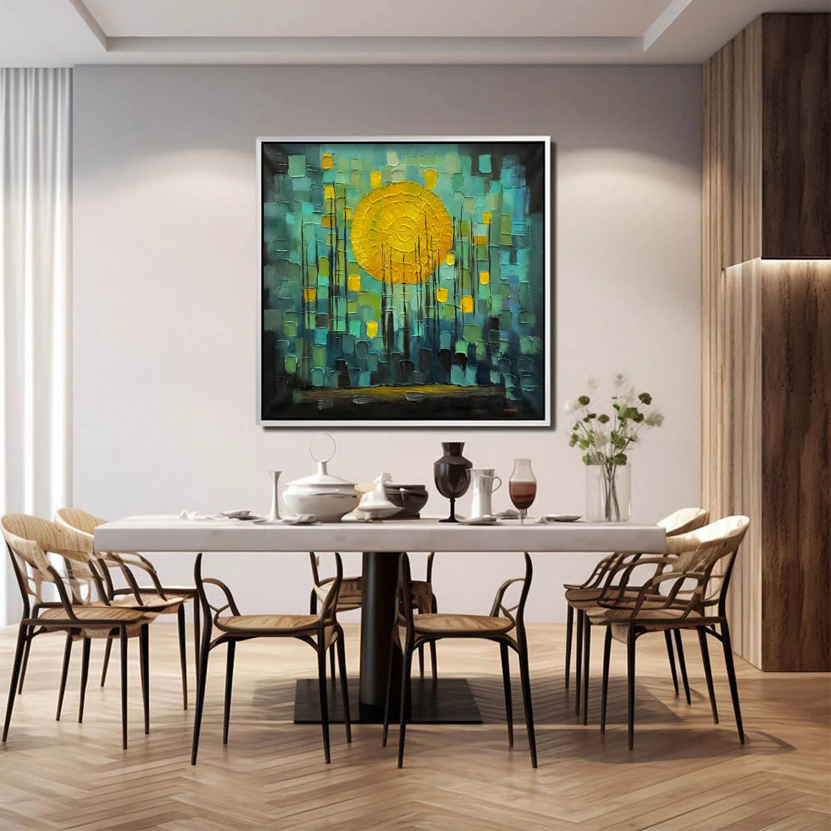 SOLAR FOREST: Abstract Forest Landscape Impasto Oil Painting | Figurative mood, soft natural light studio shot