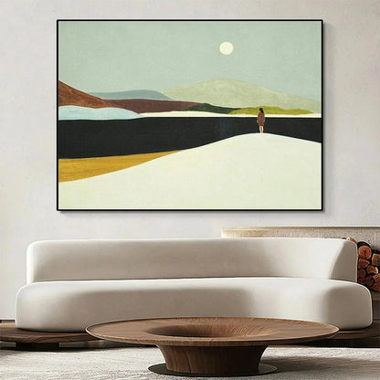 SOLITARY FIGURE IN MINIMALIST LANDSCAPE: Serene Landscape Painting, Horizontal Wall Art | Landscape closeup, raised brushwork detail