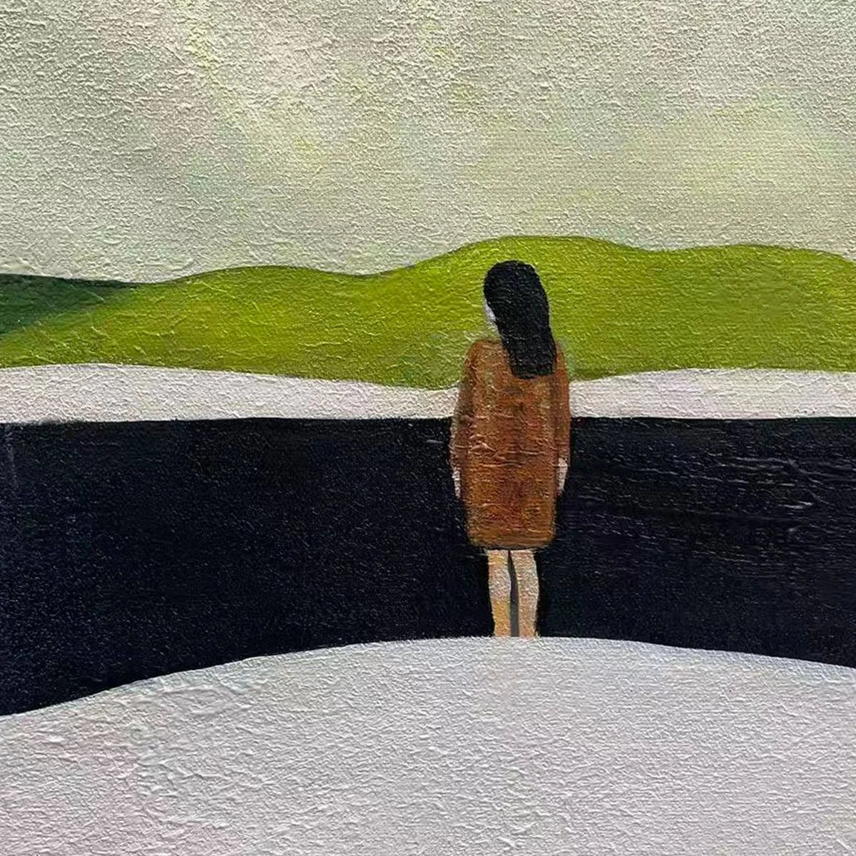 SOLITARY FIGURE IN MINIMALIST LANDSCAPE: Serene Landscape Painting, Horizontal Wall Art | rectangular format, hand-painted canvas edge