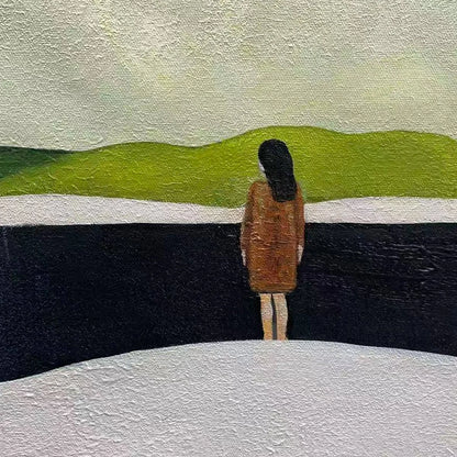 SOLITARY FIGURE IN MINIMALIST LANDSCAPE: Serene Landscape Painting, Horizontal Wall Art | rectangular format, hand-painted canvas edge