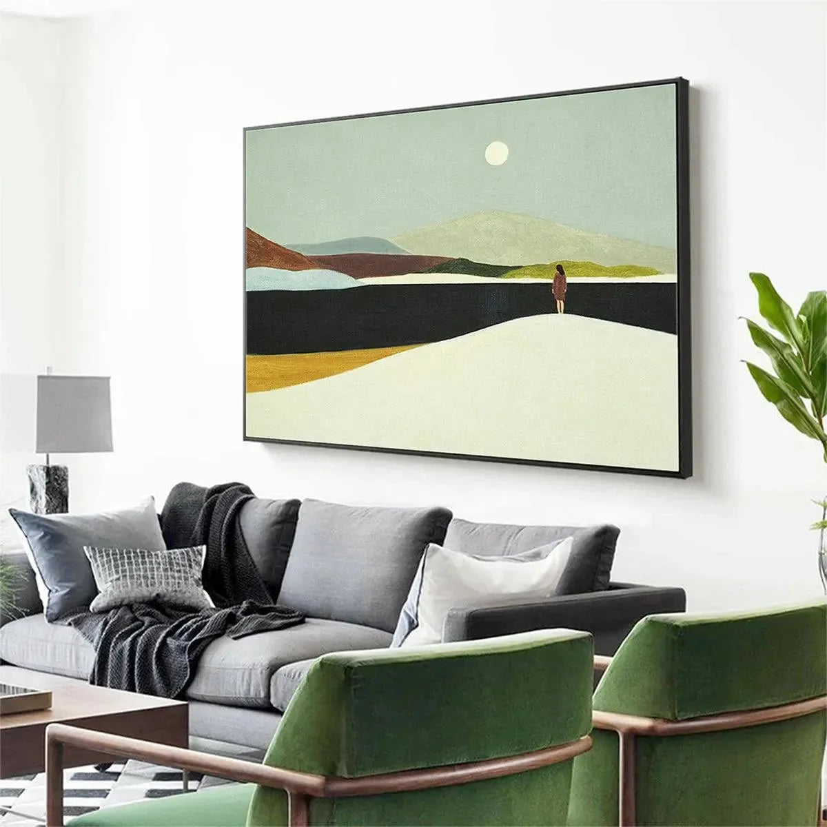 SOLITARY FIGURE IN MINIMALIST LANDSCAPE: Serene Landscape Painting, Horizontal Wall Art | gold frame stretched on neutral wall