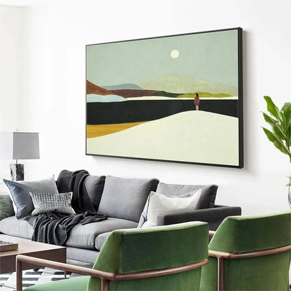 SOLITARY FIGURE IN MINIMALIST LANDSCAPE: Serene Landscape Painting, Horizontal Wall Art | gold frame stretched on neutral wall