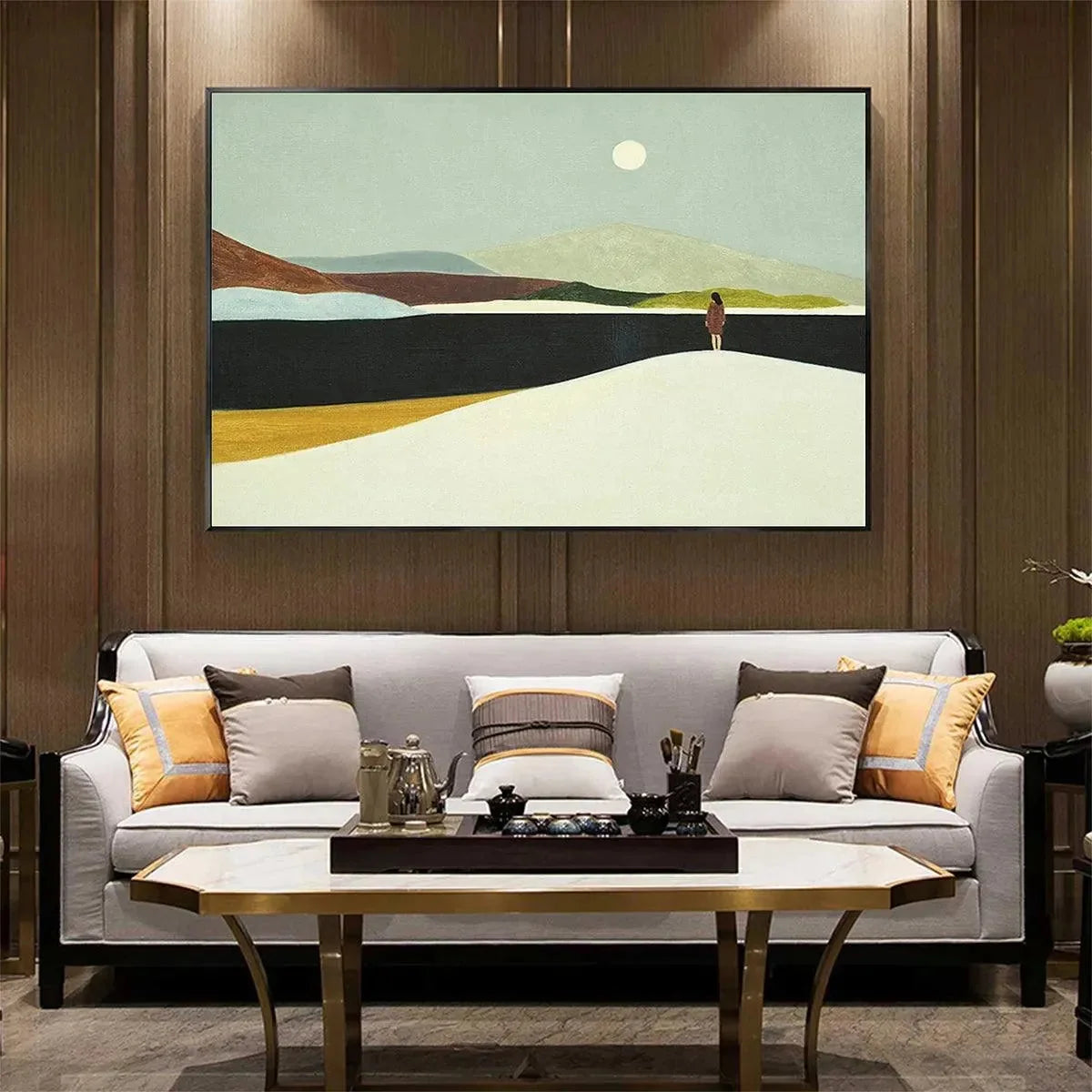 SOLITARY FIGURE IN MINIMALIST LANDSCAPE: Serene Landscape Painting, Horizontal Wall Art | rolled canvas, ready for custom framing