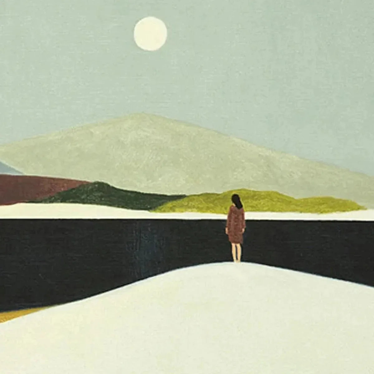 SOLITARY FIGURE IN MINIMALIST LANDSCAPE: Serene Landscape Painting, Horizontal Wall Art | black frame version on white wall