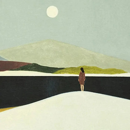 SOLITARY FIGURE IN MINIMALIST LANDSCAPE: Serene Landscape Painting, Horizontal Wall Art | black frame version on white wall