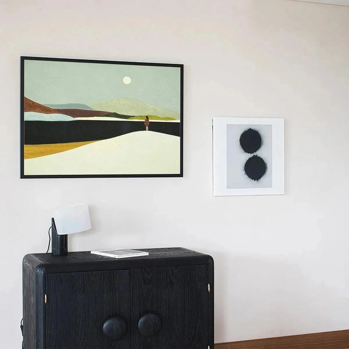SOLITARY FIGURE IN MINIMALIST LANDSCAPE: Serene Landscape Painting, Horizontal Wall Art | multi-color palette, original oil on stretched canvas art