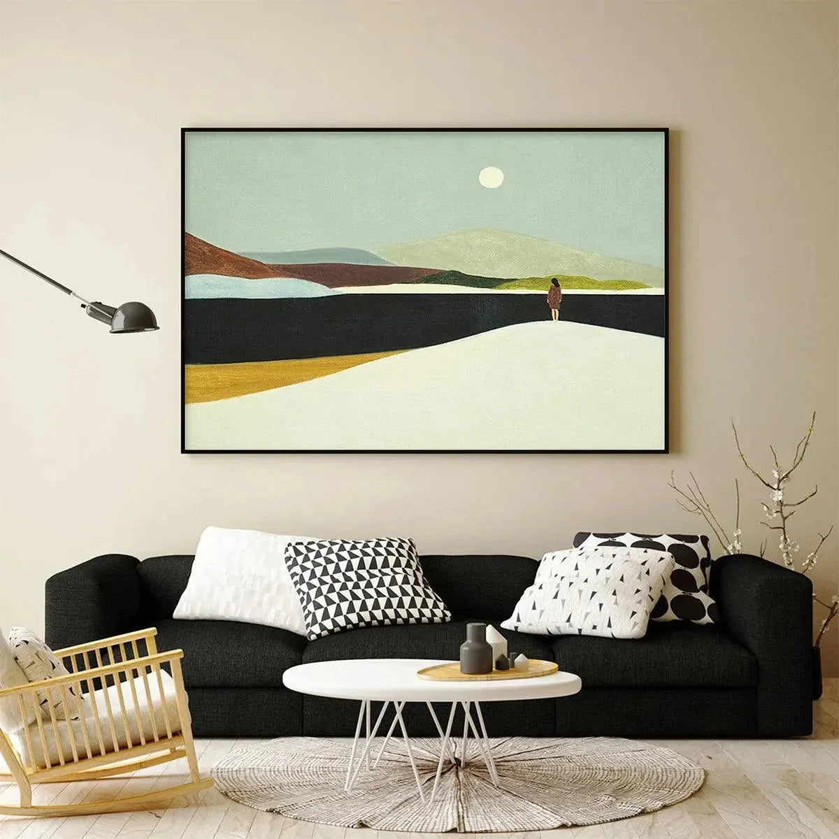 SOLITARY FIGURE IN MINIMALIST LANDSCAPE: Serene Landscape Painting, Horizontal Wall Art | texture detail, palette knife marks visible